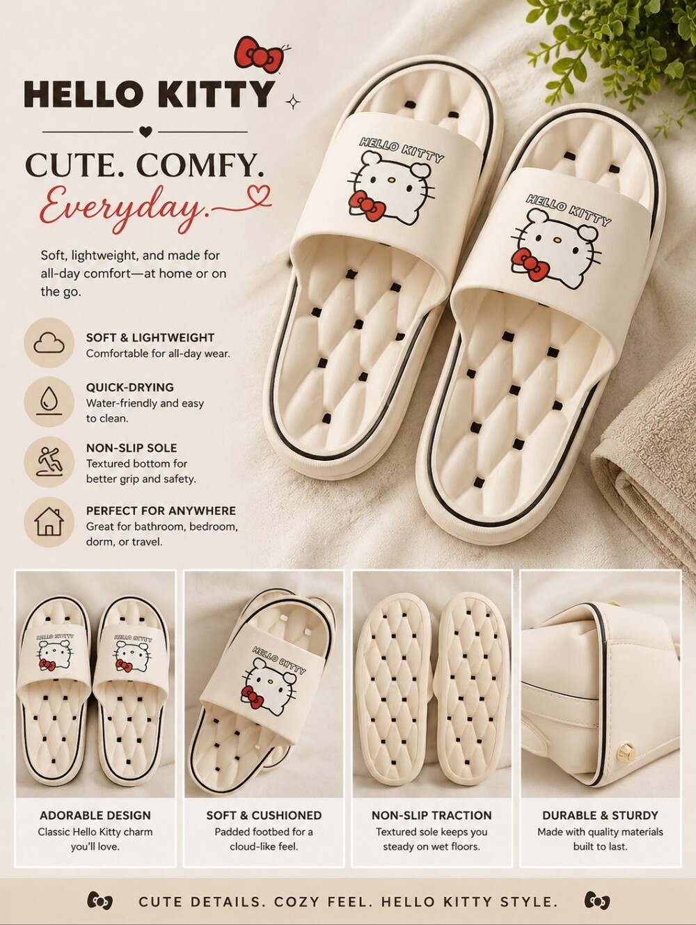 Hello Kitty White Slide Sandals with Red Bow Graphic
